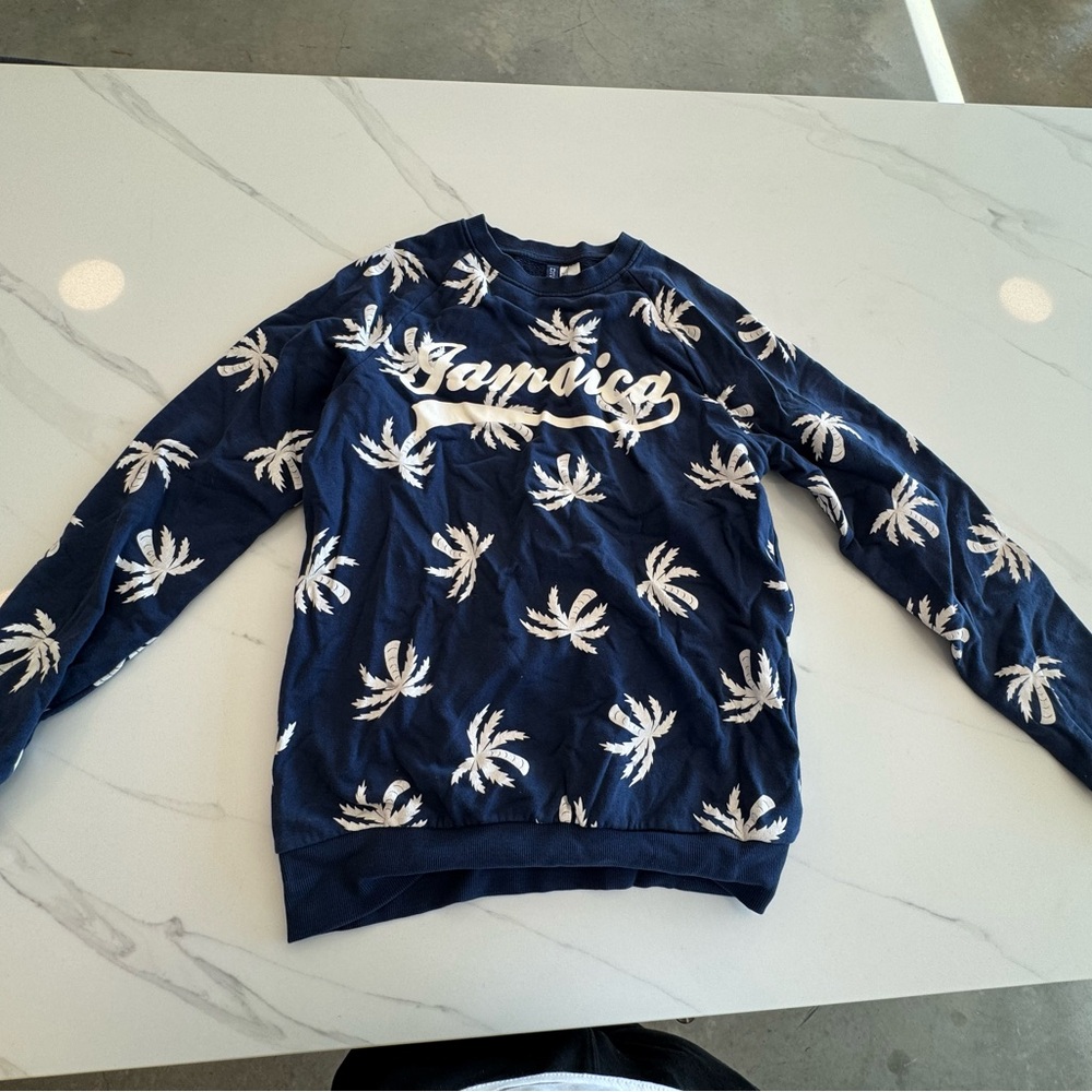 Blue and White Floral Sweatshirt with Script Text